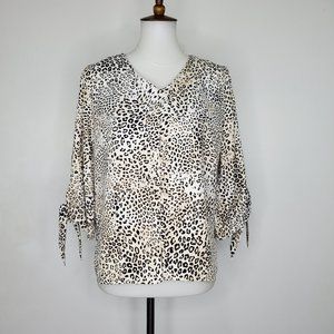 Chico's V-Neck Fabric Covered Buttons Animal Print Tie Sleeve Blouse US 4/6P